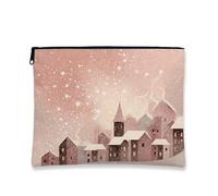 Winter Village Cosmetic Bag, Snowy Town Pattern Travel Makeup Pouch for Women, Portable Small Canvas Zipper Organizer, Holiday Skincare Toiletry Bag, Peach, 7x9 Inch, Village