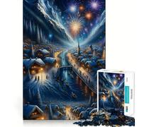 Winter Village Fireworks Night Jigsaw Puzzle 1000 Pieces Mental Focus Game Precision Cut Smooth Edges Absorbing Activity for Quiet Nights (38x52cm)