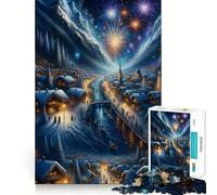 Winter Village Fireworks Night Jigsaw Puzzle 1000 Think Boost Game Tight Lock No Loose Pieces Interactive Brain Challenge for Home (50x75cm)