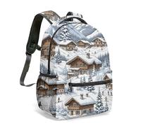 Winter Village Ice Castle Print Backpack 16 Inch Dreamy Aurora Clock Tower Sleigh Twinkling Lights Festive Travel Rucksack (04)