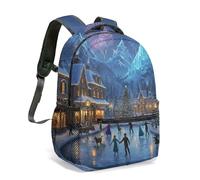 Winter Village Ice Castle Print Backpack 16 Inch Dreamy Aurora Clock Tower Sleigh Twinkling Lights Festive Travel Rucksack (02)