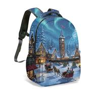 Winter Village Ice Castle Print Backpack 16 Inch Dreamy Aurora Clock Tower Sleigh Twinkling Lights Festive Travel Rucksack (01)