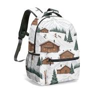 Winter Village Ice Castle Print Backpack 16 Inch Dreamy Aurora Clock Tower Sleigh Twinkling Lights Festive Travel Rucksack (03)