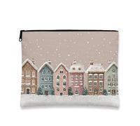 Winter Village Makeup Bag, Cute Snowy Houses Cosmetic Travel Pouch for Women, Portable Small Canvas Zipper Organizer, Holiday Skincare Toiletry Bag, Peach, 7x9 Inch, Pouch