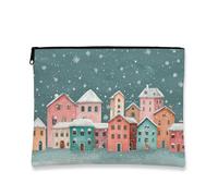 Winter Village Makeup Bag, Fanciful Charming Cosmetic Travel Pouch for Women, Portable Canvas Zipper Organizer, Teal, 7x9 Inch, Winter Village