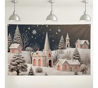 Winter Village Scene Backdrop, Snowy Landscape with Cute Houses and Trees, Holiday Photography Background for Christmas Party Decorations 71x43 Inch