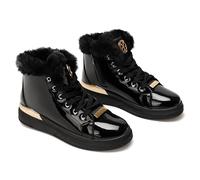 Winter Warm Boots for Women - Faux Fur Lined Slip Resistant Slippers Inside Zipper Waterproof Comfortable Lace Up Outdoor Walking Shoes, Black with Gold Accessories, 9 UK