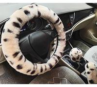 Winter Warm Fluffy Furry Fuzzy Car Steering Wheel Cover,Universal Fit Thickening Faux fur plush Steering Covers+Gear shift cover and+brake cover-3pcs set (beige Leopard)
