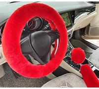 Winter Warm Fluffy Furry Fuzzy Car Steering Wheel Cover,Universal Fit Thickening Faux fur plush Steering Covers+Gear shift cover and+brake cover-3pcs set (red)