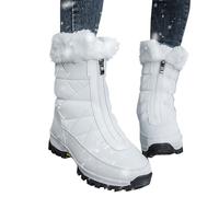 Winter Warm Fur Lined Snow Boots Womens Wide Calf Walking Boots Ladies Front Zip Platform Ankle Booties Waterproof Non Slip Outdoor Trekking Booties for Hiking Camping Climbing Running Size 3-8 White
