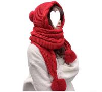 Winter Warm Knitted Hat for Women with Integrated Scarf and Ear Flaps Korean Style Acrylic Beanie Suitable for Outdoor Wear (Red)