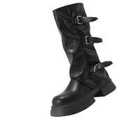Winter Warm Low Heel Knight Boots, Womens Fold Over Slouchy Calf Wide Fit Boots Low Heel Mid-Calf Round Toe Booties Thick Bottom Chunky Heels Pull On Riding Biker Costume Shoes for Ladies Girls Black