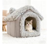 Winter Warm Plush Cat Tent & Bed, Foldable Portable Indoor House with Thick Removable Cushion, Detachable Washable Cozy Cave for Large Cats，Cozy Pet House Cat Bed, Plush Faux Fur, 3 Sizes (Grey, L)