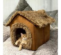 Winter Warm Plush Cat Tent & Bed, Foldable Portable Indoor House with Thick Removable Cushion, Detachable Washable Cozy Cave for Large Cats，Cozy Pet House Cat Bed, Plush Faux Fur, 3 Sizes (Brown, M)