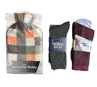 Winter Warmth 2L Hot Water Bottle and Thermal Socks Set, Fleece Cover in Patchwork, Plaid, Polka Dot, Leopard Print Designs, Thermal Socks, Male and Female, Cold Weather Essentials (Grey Patchwork)