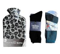 Winter Warmth 2L Hot Water Bottle and Thermal Socks Set, Fleece Cover in Patchwork, Plaid, Polka Dot, Leopard Print Designs, Thermal Socks, Male and Female, Cold Weather Essentials (Leopard Print)