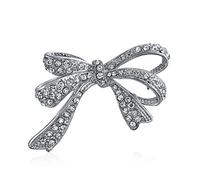 Winter Wedding Holiday White Glittering Crystal Bridal Fashion Large Statement Ribbon Bow Scarf Brooch Pin For Women Silver Plated