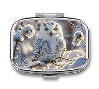 Winter White Owl Pill Box 2 Compartment Small Pill Case for Purse Or Pocket Mini Metal Pillcase Medicine Organizer, Square Daily Medicine Container to Hold Vitamins, Fish Oil
