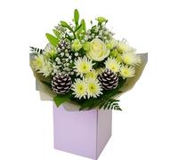 Winter White Rose - Lily - Chrysanthemum - Pine Cone Flower Bouquet Gift Box