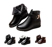 Winter Wide Fit Low Heel Boots for Women - Side Zipper Short Leather Ankle Boots With Durability Wedge, Casual Non-Slip Round Toe, Metal Buckle, Padded Velvet for Trekking