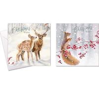 Winter Wildlife Christmas Cards with Deer and Robin, Red Berries Design, Pack of 10