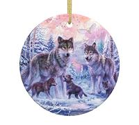 Winter Wolf Family Christmas Tree Ceramic Hanging, Christmas Ornament 2022,3" Double-Sided Printed Ceramic Hanging Decorations