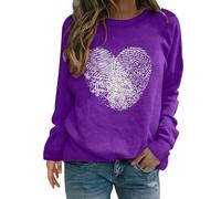 Winter Women Clothes Cropped Crewneck Sweatshirt Women's Fingerprint Heart Print Round Neck Long Sleeve Top Cotton Sweatshirt Cowl Neck Sweatshirts for Women (Purple, M)