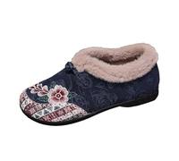 Winter Women's Embroidered Slip On Flat Sneakers Cozy Comfortable Everyday Casual Footwear for Fall and Winter Seasons (Blue, 4. 5)