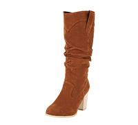 Winter Women's Fashion Knee High Boots with Chunky Block Heel and Textured Wrinkle Finish for a Stylish Statement (Brown, 4. 5)