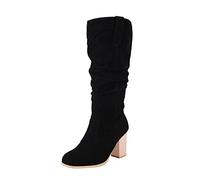 Winter Women's Fashion Knee High Boots with Chunky Block Heel and Textured Wrinkle Finish for a Stylish Statement (Black, 4. 5)