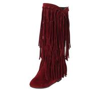 Winter Women's Plus Size Western Fringe Boots with Hidden Chunky Heel and Inside Booster for Winter Comfort Mid Calf Length (Red, 4. 5)