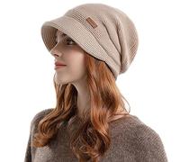 Winter Womens Slouchy Knit Beanie Hat Wide Brim Beret Hat Soft Fleece Liner Crochet Skull Cap Visor Beanie Newsboy Hats Outdoor Winter Ski Hats for Ladies Girls Chunky Cap Warm Chemo Hats for Hair