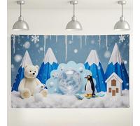 Winter Wonderland Backdrop, Cute Polar Bear and Penguin Scene, Blue Snowy Photography Background for Holiday Parties and Events 71x43 Inch