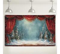 Winter Wonderland Backdrop, Red Curtain Snowy Forest Photography Background, Holiday Party Decorations for Christmas Indoor/Outdoor Events 71x43 Inch