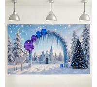 Winter Wonderland Backdrop, Snowy Forest Scene with Reindeer and Christmas Ornaments, Indoor/Outdoor Photo Background for Holiday Parties and Events 71x43 Inch