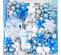 Winter Wonderland Balloon Arch Garland Kit, 136Pcs Birthday Party Decor, Metallic Blue Silver White Latex Balloon with Explosion Star Snowflake Foil Balloons for Ice Winter Wonderland Xmas Decorations