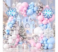Winter Wonderland Balloon Arch Garland Kit Snowflake Christmas Decorations | 114 pcs Christmas Gender Reveal Decor Pastel Light Pink Blue White Snowflake Balloons for Ice Snow Baby Shower Party Supplies