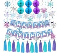 Winter Wonderland Birthday Party Decorations - Blue & Purple Snowflake Happy Birthday Banner, Tassel Garland, Hanging Swirls, Honeycomb Balls - Girls’ Snow Princess Theme Party Supplies