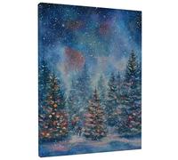 Winter Wonderland Canvas Wall Art, Blue Green Pine Trees Landscape Prints, Abstract Home Aesthetic Decor for Living Room, Bedroom, Office, Wrapped Canvas 12x16 Inch