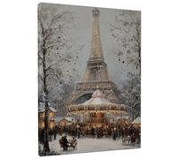 Winter Wonderland Canvas Wall Art, Grey Brown Paris Tower Carousel Prints, Vintage Style Home Decor for Living Room, Bedroom, Holiday Celebration 16x20 Inch