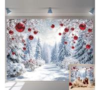 Winter Wonderland Christmas Backdrop Snowy Forest Photography Background | Create a Snowy Winter Scene with Christmas Forest Backdrop Featuring Red Ornaments, Pine Trees and Falling Snow for Holiday