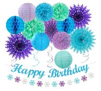 Winter-Wonderland Christmas-Snowflake Frozen Birthday Party-Decorations - 21pcs Happy Banner,Blue Purple Teal Paper Lanterns Honeycomb Streamers,Tissue Pom Poms Flower Fan,Hanging Decor Huglony