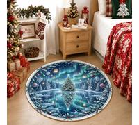 Winter Wonderland Christmas Tree Scene Round Area Rug 4ft | Snowy Forest Background, Circle Rug, Aurora Borealis, Fanciful Style, Seasonal Home Decorators
