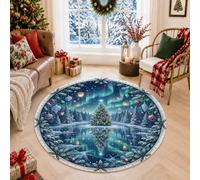 Winter Wonderland Christmas Tree Scene Round Area Rug 5ft | Snowy Forest Background, Circle Rug, Aurora Borealis, Fanciful Style, Seasonal Home Decorators
