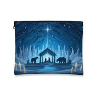 Winter Wonderland Cosmetic Bag, Blue Night Sky Forest Travel Bags for Women, Portable Small Canvas Zipper Pouch, Holiday Skincare Toiletry Bag Organizer, Blue, 7x9 Inch, Cosmetic