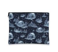 Winter Wonderland Cosmetic Bag, Snowy Cabin Forest Travel Pouch for Women, Portable Small Canvas Zipper Organizer, Holiday Skincare Toiletry Bag, Navy, 7x9 Inch, Cabin