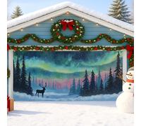 Winter Wonderland Garage Door Cover, Blue Aurora Borealis Reindeer Large Garage Door Decorations, Holiday Indoor and Outdoor Xmas Party Background Decor 157x71 Inch