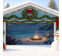 Winter Wonderland Garage Door Cover, Cozy Beach Fire Scene Large Garage Door Decorations, Holiday Indoor and Outdoor Xmas Party Backdrop Decor 157x71 Inch