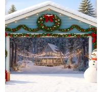 Winter Wonderland Garage Door Cover, Cozy Snowy Cabin Scene Large Garage Door Decorations, Christmas Indoor and Outdoor Holiday Party Background Decor 157x71 Inch