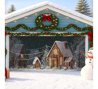 Winter Wonderland Garage Door Cover, Cozy Snowy Village Large Garage Door Decorations, Christmas Indoor and Outdoor Holiday Party Background Decor 157x71 Inch